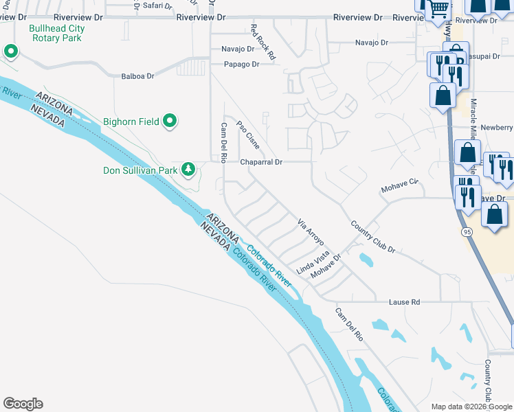 map of restaurants, bars, coffee shops, grocery stores, and more near 1092 Calle De Allegro in Bullhead City