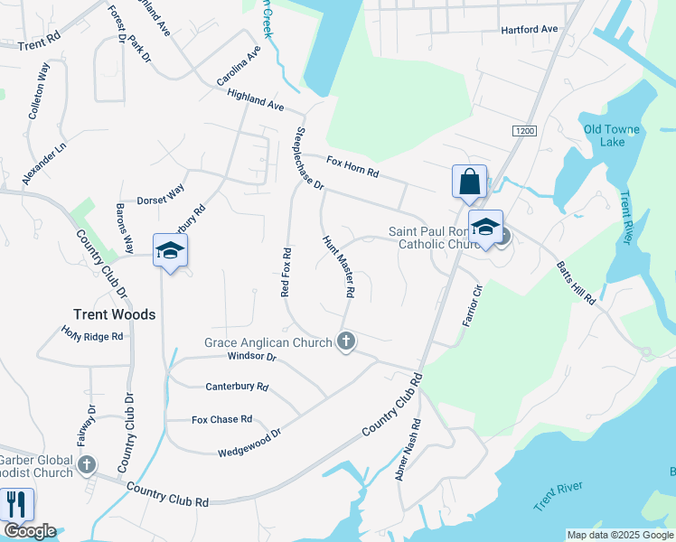 map of restaurants, bars, coffee shops, grocery stores, and more near 3302 Hunt Master Road in Trent Woods