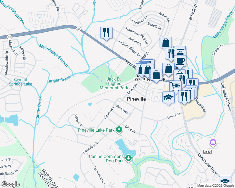 map of restaurants, bars, coffee shops, grocery stores, and more near 436 Cone Avenue in Pineville