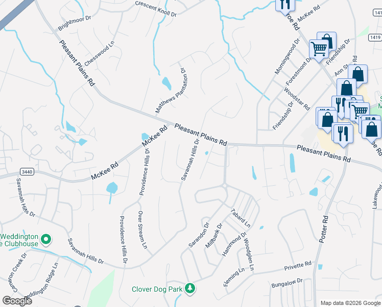 map of restaurants, bars, coffee shops, grocery stores, and more near 3029 Marblebrook Drive in Matthews
