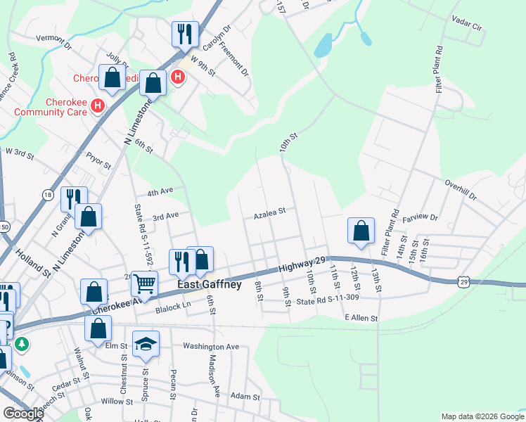 map of restaurants, bars, coffee shops, grocery stores, and more near 903 9th Street in Gaffney