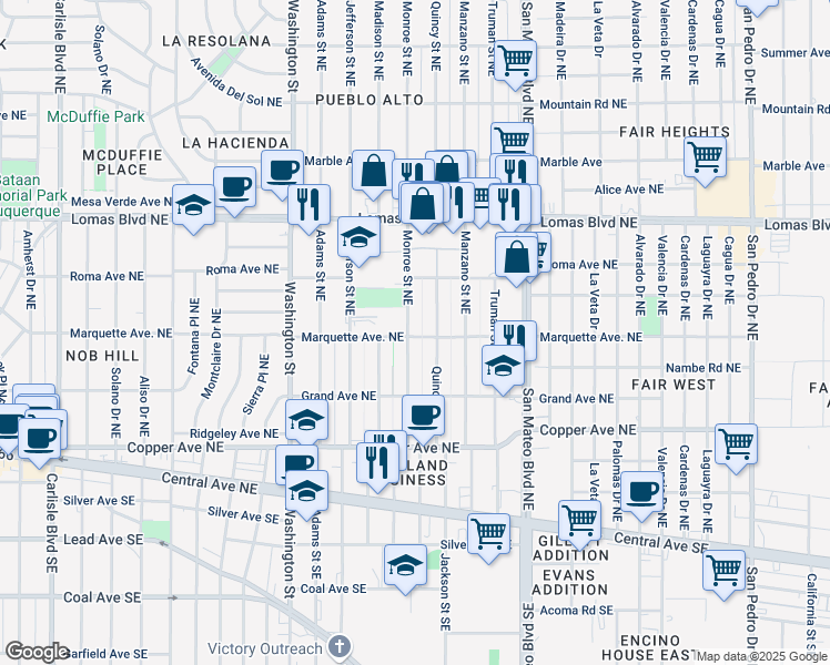 map of restaurants, bars, coffee shops, grocery stores, and more near 323 Quincy Street Northeast in Albuquerque