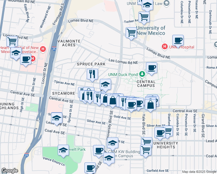 map of restaurants, bars, coffee shops, grocery stores, and more near 1623 Tijeras Avenue Northeast in Albuquerque