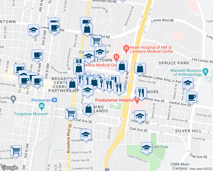 map of restaurants, bars, coffee shops, grocery stores, and more near 701 Central Avenue Northeast in Albuquerque