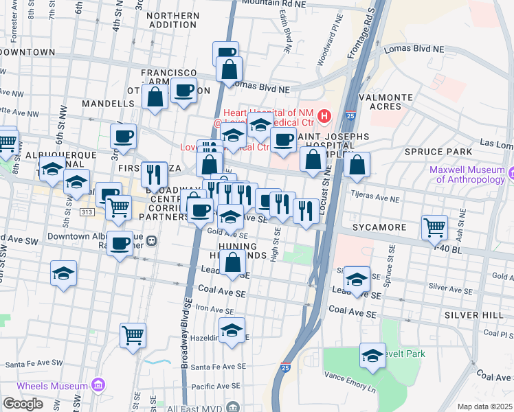 map of restaurants, bars, coffee shops, grocery stores, and more near in Albuquerque