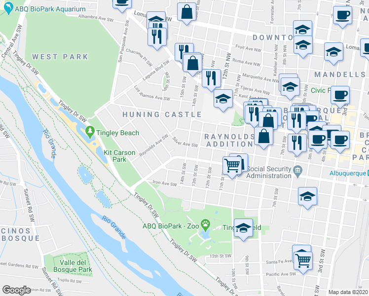 map of restaurants, bars, coffee shops, grocery stores, and more near 510 14th Street Southwest in Albuquerque