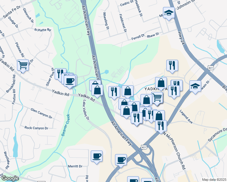 map of restaurants, bars, coffee shops, grocery stores, and more near 550 Birdsong Lane in Fayetteville