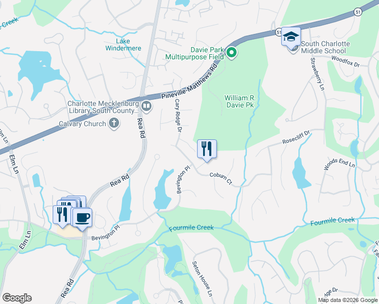 map of restaurants, bars, coffee shops, grocery stores, and more near 5009 Coburn Court in Charlotte