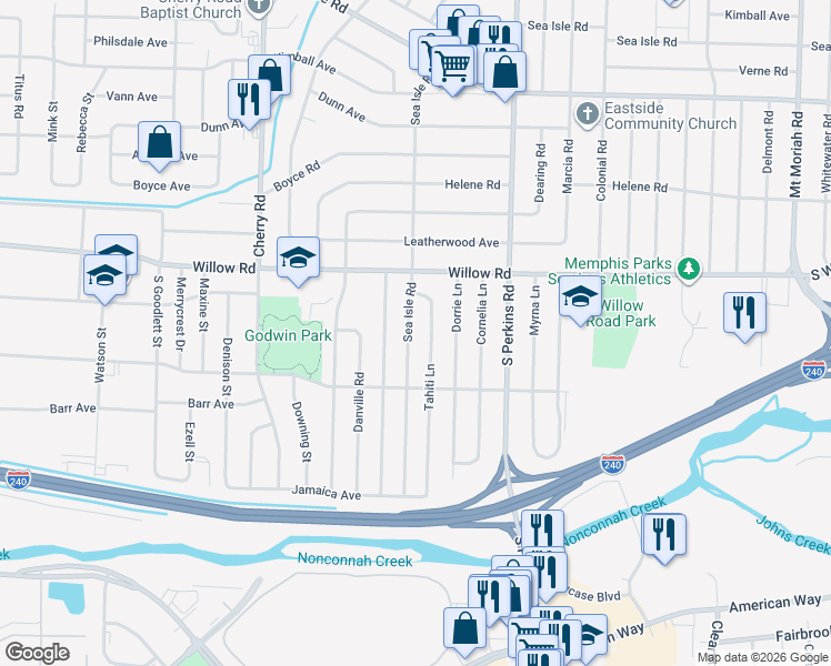map of restaurants, bars, coffee shops, grocery stores, and more near 1763 Sea Isle Road in Memphis