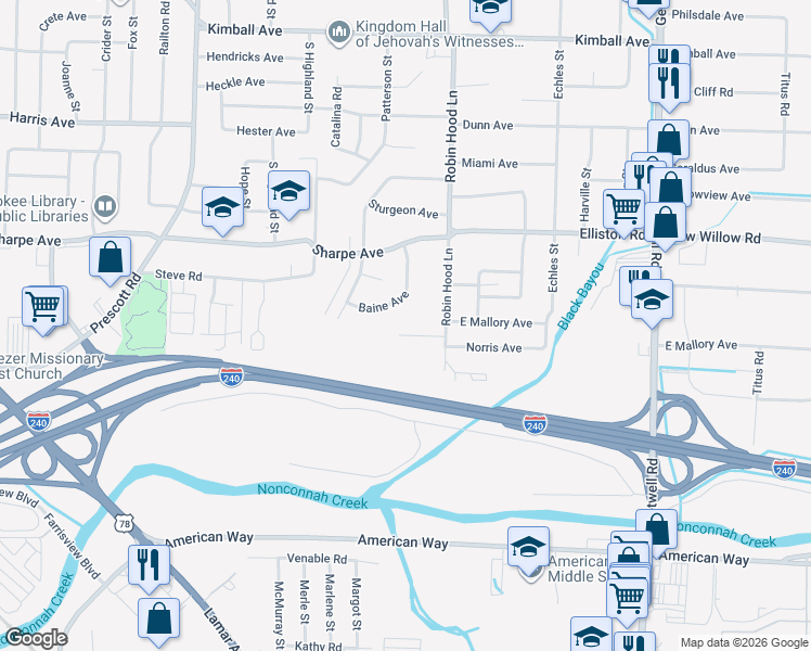 map of restaurants, bars, coffee shops, grocery stores, and more near 3628 Mallory Avenue in Memphis