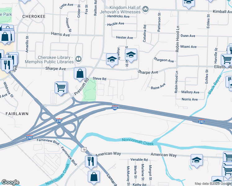 map of restaurants, bars, coffee shops, grocery stores, and more near 1757 Morlye Place in Memphis
