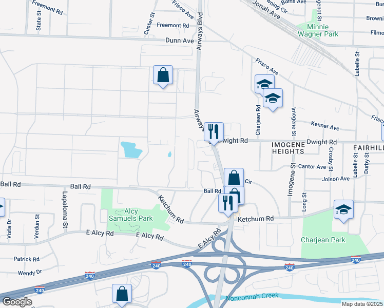 map of restaurants, bars, coffee shops, grocery stores, and more near 2238 Ball Road in Memphis