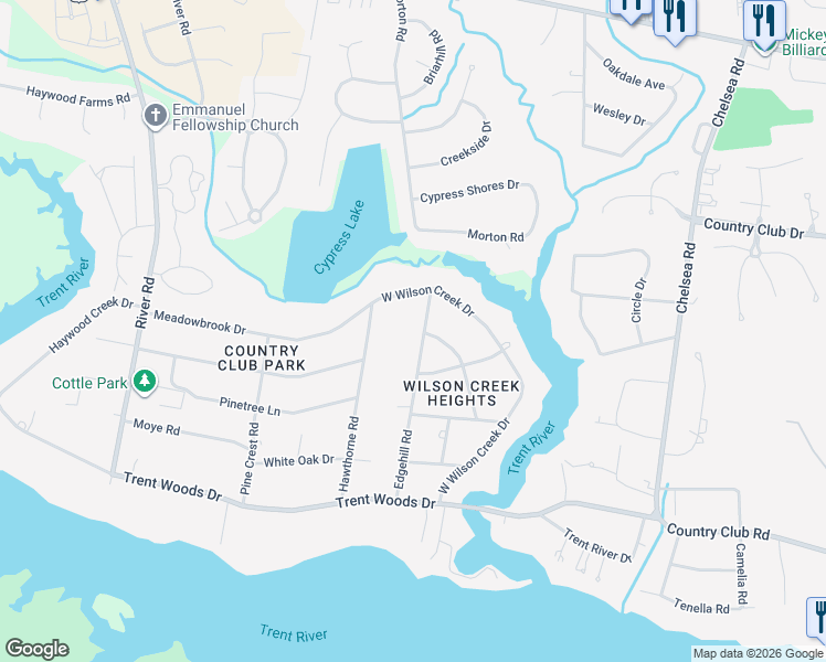 map of restaurants, bars, coffee shops, grocery stores, and more near 607 Edgehill Rd in Trent Woods