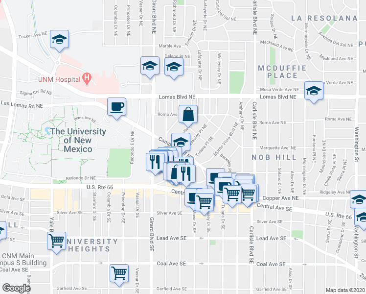 map of restaurants, bars, coffee shops, grocery stores, and more near 3113 Campus Boulevard Northeast in Albuquerque
