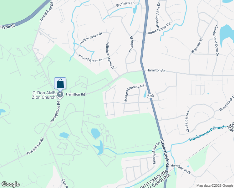 map of restaurants, bars, coffee shops, grocery stores, and more near 13408 Mallard Landing Road in Charlotte