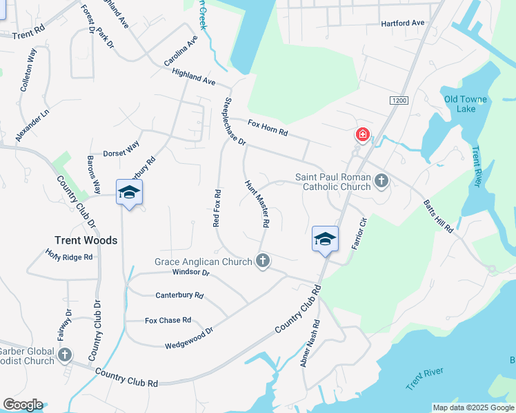 map of restaurants, bars, coffee shops, grocery stores, and more near 3302 Hunt Master Road in Trent Woods