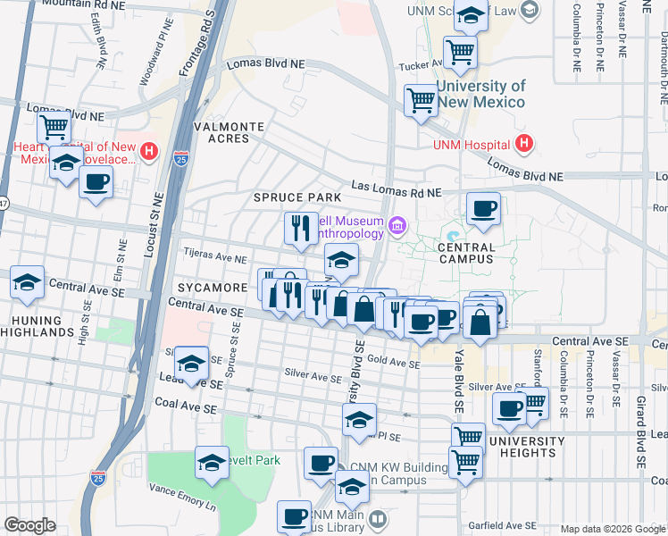 map of restaurants, bars, coffee shops, grocery stores, and more near 1601 Tijeras Avenue Northeast in Albuquerque