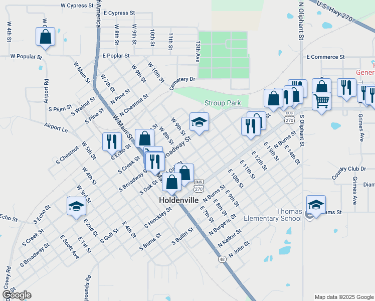 map of restaurants, bars, coffee shops, grocery stores, and more near 120 East 8th Street in Holdenville
