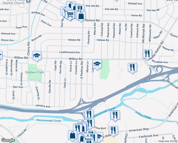 map of restaurants, bars, coffee shops, grocery stores, and more near 1750 Myrna Lane in Memphis