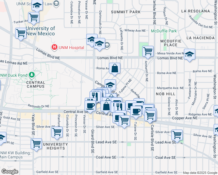 map of restaurants, bars, coffee shops, grocery stores, and more near 3103 Campus Boulevard Northeast in Albuquerque