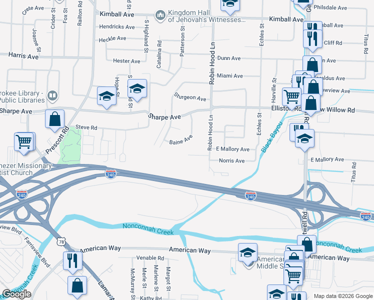map of restaurants, bars, coffee shops, grocery stores, and more near 3628 Mallory Avenue in Memphis