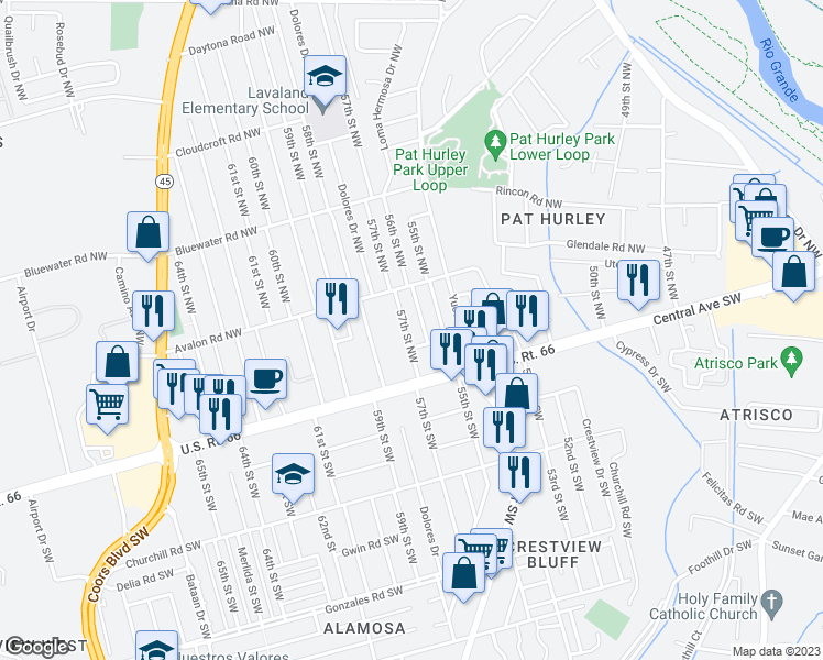 map of restaurants, bars, coffee shops, grocery stores, and more near 208 57th Street Northwest in Albuquerque