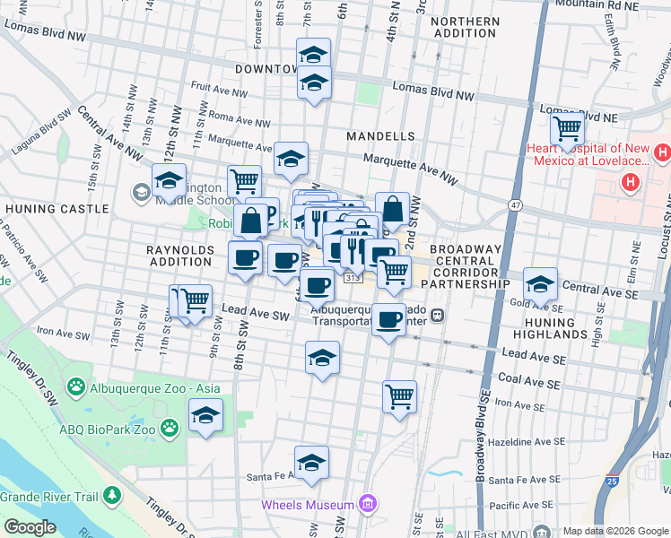map of restaurants, bars, coffee shops, grocery stores, and more near 421 Gold Avenue Southwest in Albuquerque