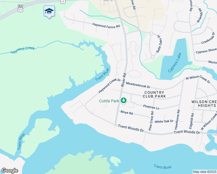 map of restaurants, bars, coffee shops, grocery stores, and more near 524 Haywood Creek Drive in Trent Woods