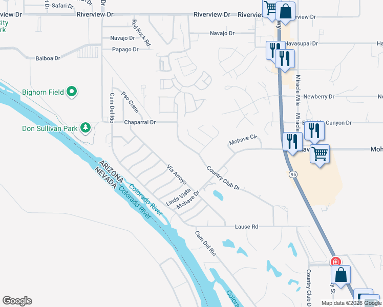 map of restaurants, bars, coffee shops, grocery stores, and more near 2549 Country Club Drive in Bullhead City