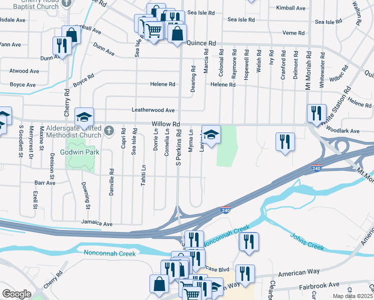 map of restaurants, bars, coffee shops, grocery stores, and more near 1751 Myrna Lane in Memphis