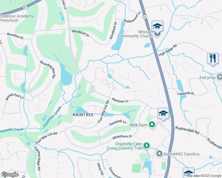 map of restaurants, bars, coffee shops, grocery stores, and more near 9224 Four Mile Creek Road in Charlotte