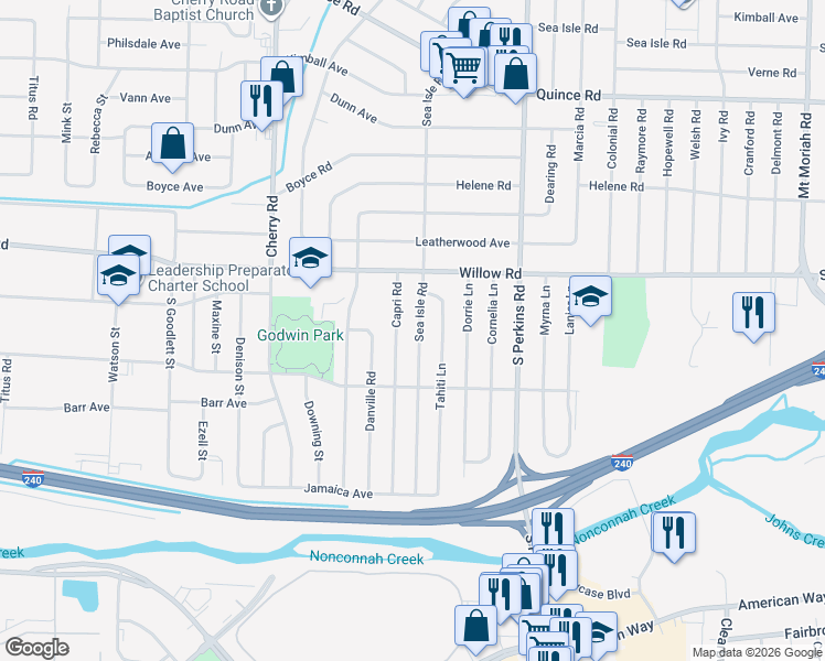 map of restaurants, bars, coffee shops, grocery stores, and more near 1763 Sea Isle Road in Memphis