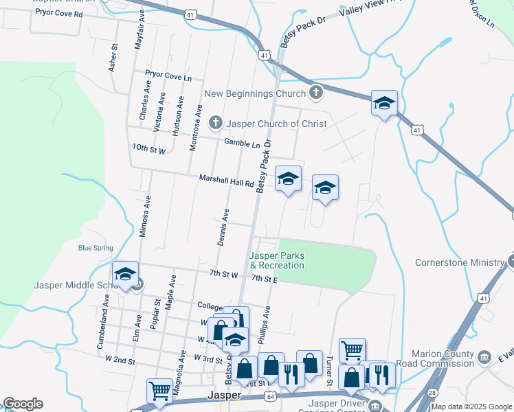 map of restaurants, bars, coffee shops, grocery stores, and more near Betsy Pack Drive in Jasper
