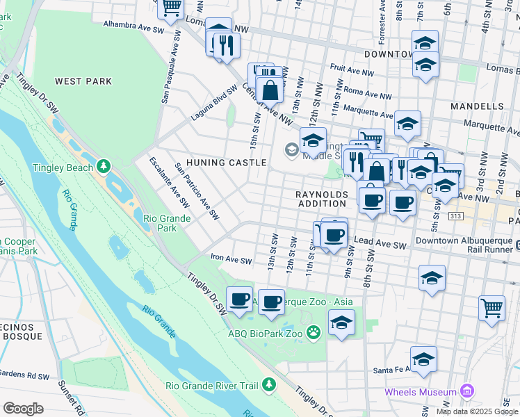 map of restaurants, bars, coffee shops, grocery stores, and more near 1404 Silver Avenue Southwest in Albuquerque