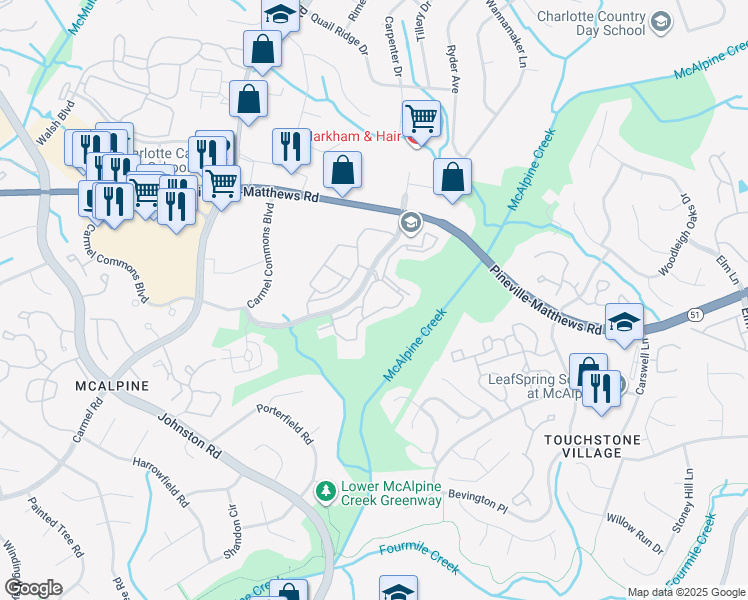 map of restaurants, bars, coffee shops, grocery stores, and more near 6905 Poppy Hills Lane in Charlotte