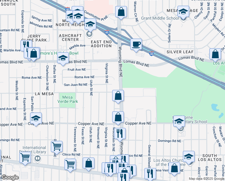 map of restaurants, bars, coffee shops, grocery stores, and more near 8513 Marquette Avenue Northeast in Albuquerque