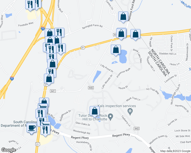 map of restaurants, bars, coffee shops, grocery stores, and more near 315 Flint Hill Road in Fort Mill