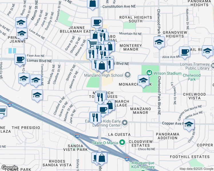 map of restaurants, bars, coffee shops, grocery stores, and more near 770 Juan Tabo Boulevard Northeast in Albuquerque