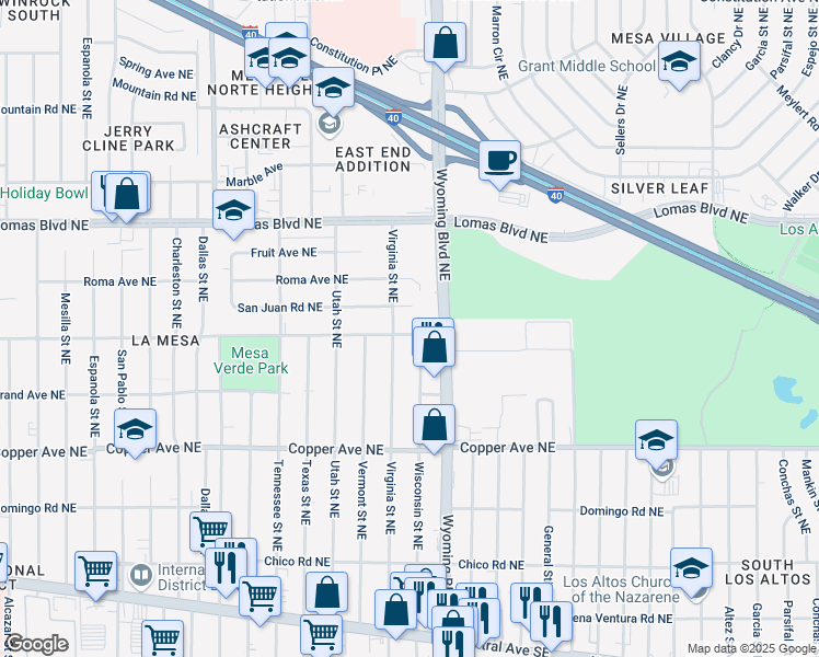map of restaurants, bars, coffee shops, grocery stores, and more near 547 Virginia Street Northeast in Albuquerque