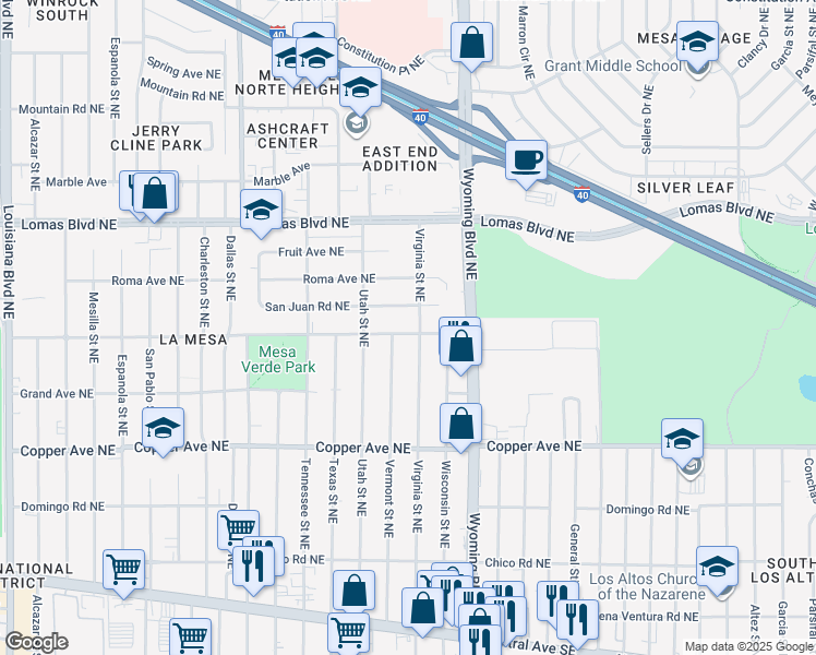 map of restaurants, bars, coffee shops, grocery stores, and more near 547 Virginia Street Northeast in Albuquerque