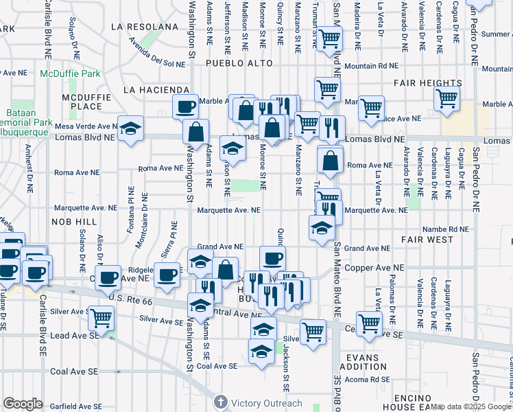 map of restaurants, bars, coffee shops, grocery stores, and more near 4806 Marquette Avenue Northeast in Albuquerque
