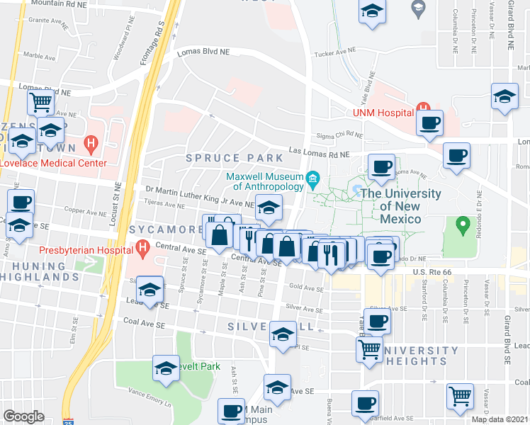 map of restaurants, bars, coffee shops, grocery stores, and more near 1623 Tijeras Avenue Northeast in Albuquerque