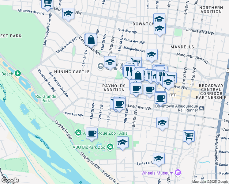 map of restaurants, bars, coffee shops, grocery stores, and more near 403 11th Street Southwest in Albuquerque