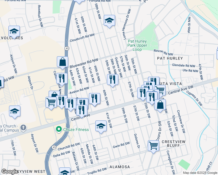 map of restaurants, bars, coffee shops, grocery stores, and more near 5909 Berquist Place Northwest in Albuquerque