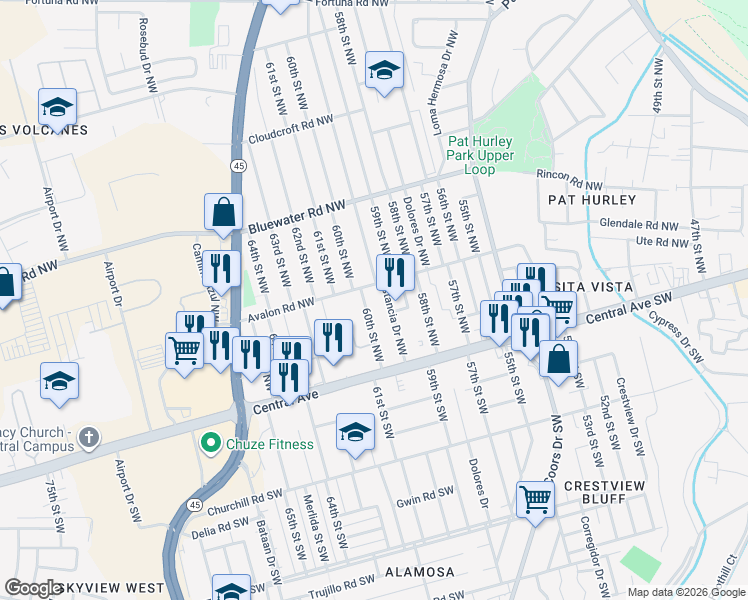 map of restaurants, bars, coffee shops, grocery stores, and more near 221 60th Street Northwest in Albuquerque