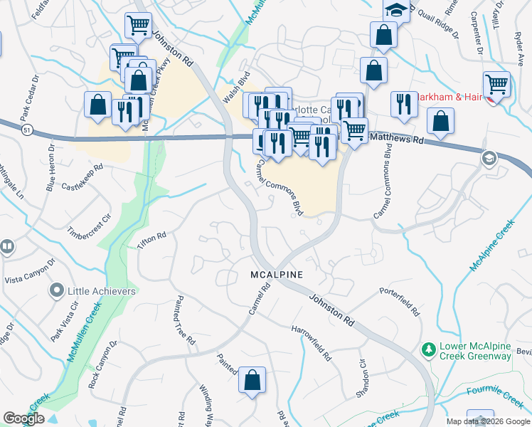 map of restaurants, bars, coffee shops, grocery stores, and more near 11017 Sevilla Court in Charlotte
