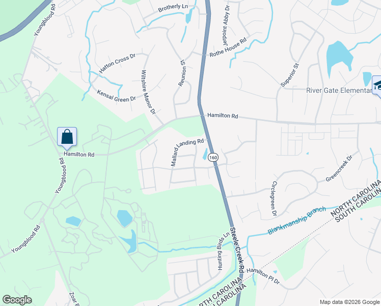 map of restaurants, bars, coffee shops, grocery stores, and more near 14306 Pintail Landing Ln in Charlotte