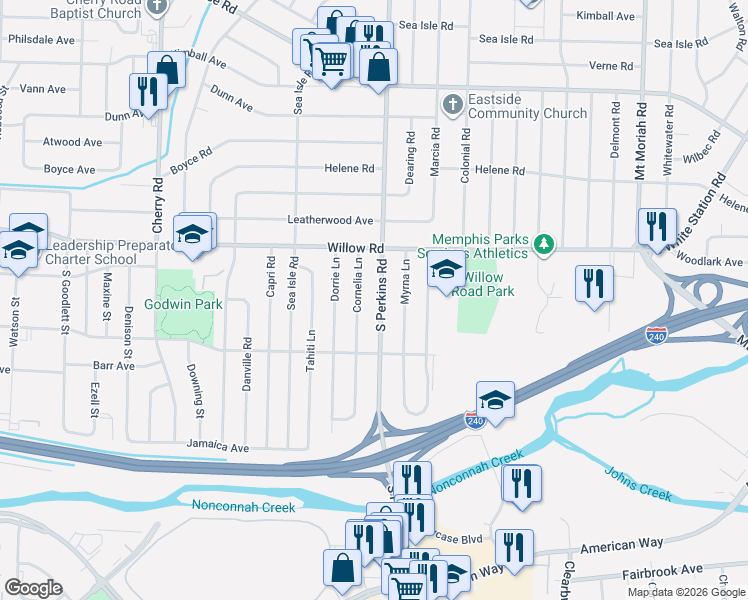 map of restaurants, bars, coffee shops, grocery stores, and more near 1762 South Perkins Road in Memphis