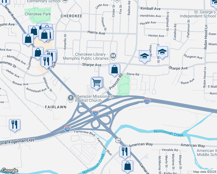 map of restaurants, bars, coffee shops, grocery stores, and more near 1744-1760 S Prescott St in Memphis