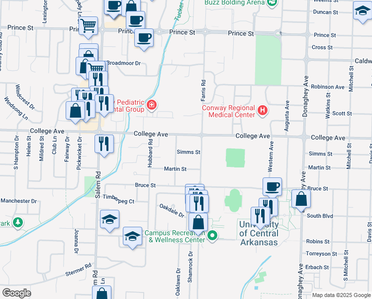map of restaurants, bars, coffee shops, grocery stores, and more near 2535 Simms Street in Conway
